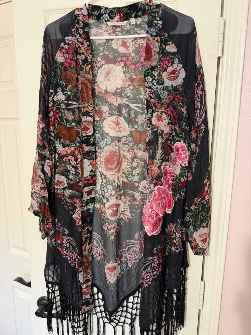 Soft Surroundings Dark Floral Embroidered Macrame Kimono Long Cardigan Size 2XL